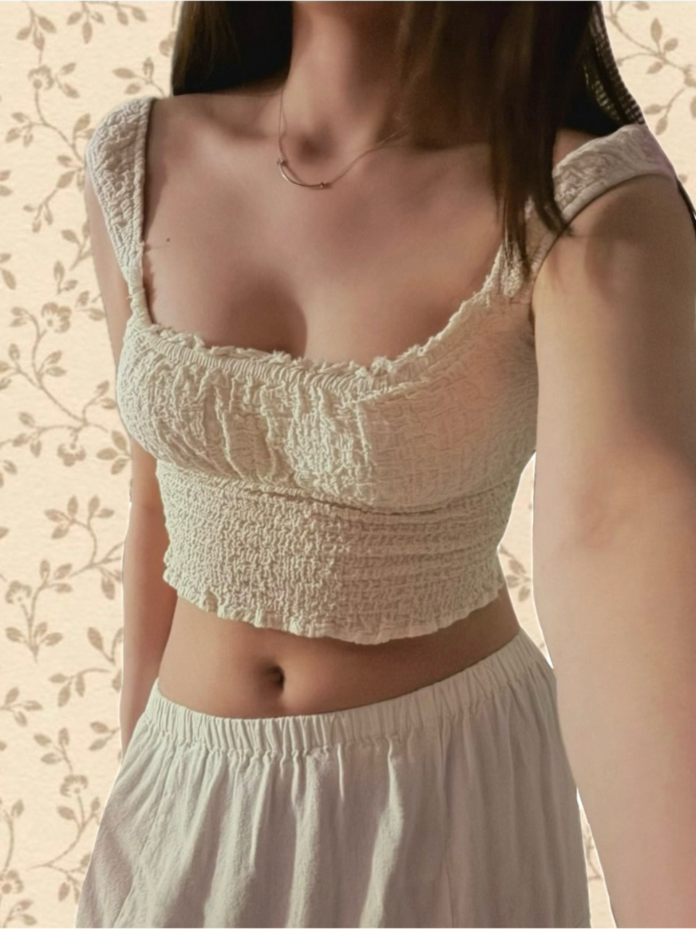 Smocked Square-Neck Crop Top in Cream